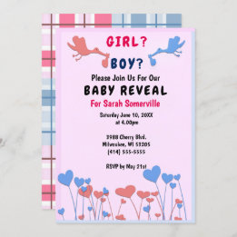 Girl, Boy Reveal, Storks, Heart Flower Baby Shower Invitation