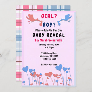 Girl, Boy Reveal, Storks, Heart Flower Baby Shower Invitation