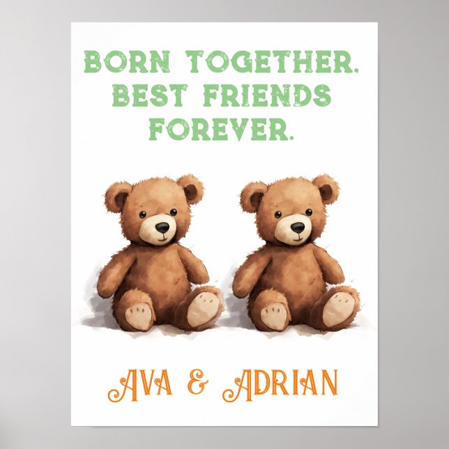 Girl & Boy Twins Nursery, Vintage Teddy Bears,  Poster (Front)
