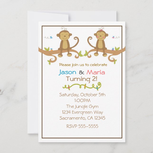 Girl Boy Twins Party Baby Shower Monkey Invitation (Front)