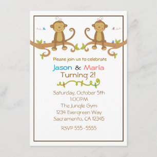 Girl Boy Twins Party Baby Shower Monkey Invitation