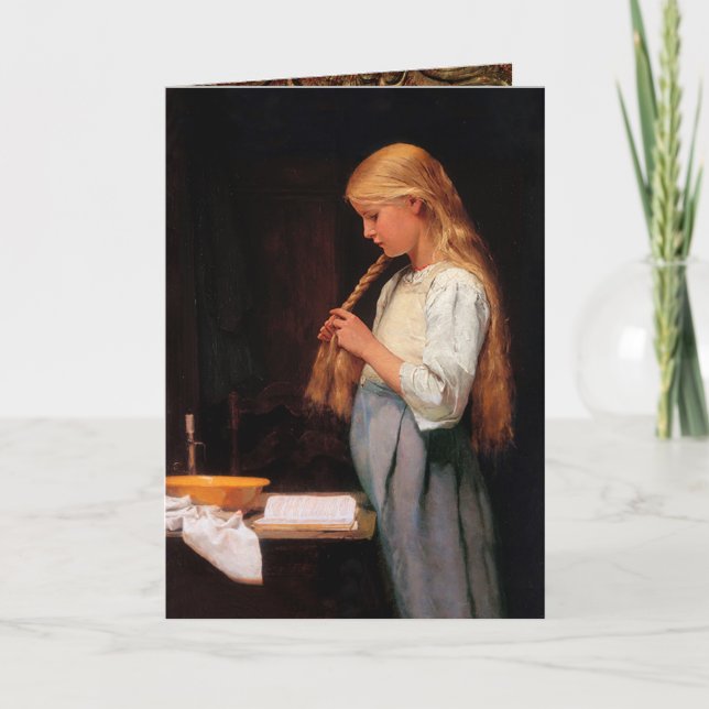 Girl Braiding Her Hair and studying, Albert Anker Card (Front)