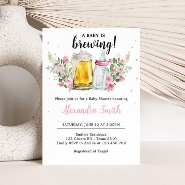 Girl Brewing Beer and Bottle Baby Shower  Invitation (A Baby is Brewing Beer and Bottle Baby Shower Invitation)