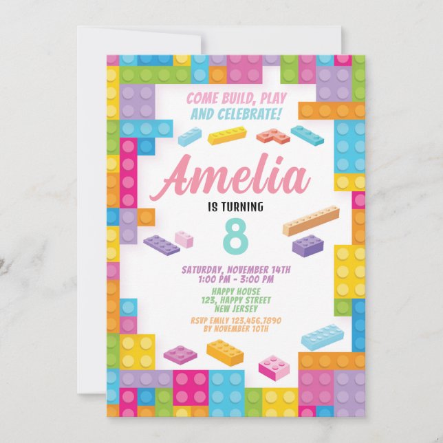 Girl Building Block Birthday Invitation. Bricks Invitation (Front)