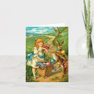 Girl & Bunnies Floral Vintage Easter Landscape Holiday Card