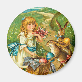 Girl & Bunnies Floral Vintage Easter Landscape Magnet