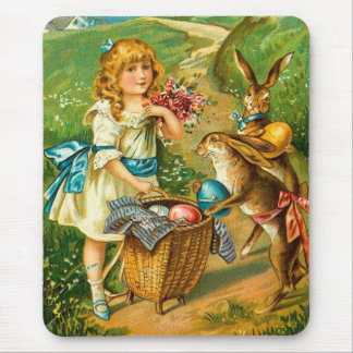 Girl & Bunnies Floral Vintage Easter Landscape Mouse Mat