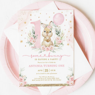 Girl Bunny 1st Birthday Pink Floral Balloon Party Invitation