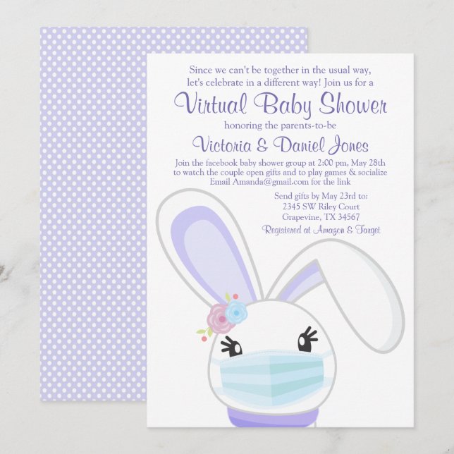 Girl Bunny Mask Mail Virtual Baby Shower Invitation (Front/Back)