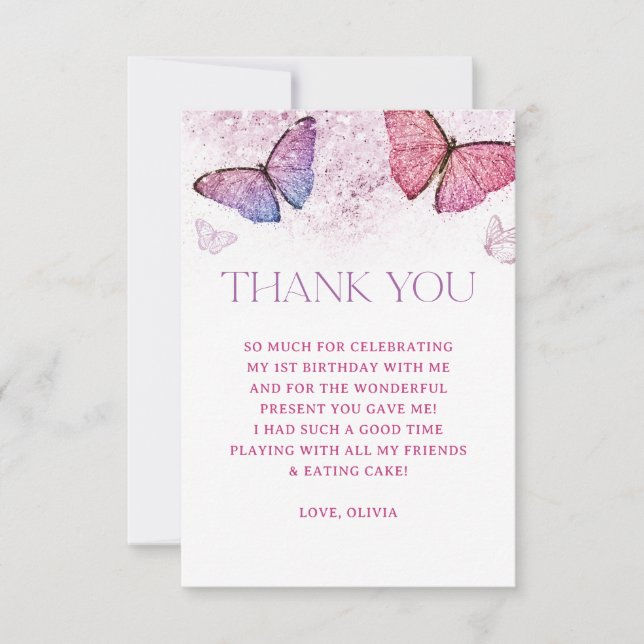 Girl Butterfly Theme 1st Birthday Party Thank You  Card (Front)