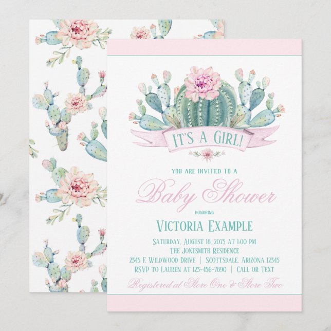 Girl Cactus Baby Shower Invitations (Front/Back)