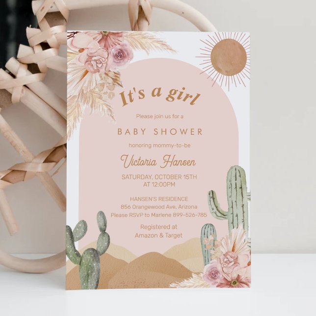 Girl Cactus Desert Baby Shower Southwestern Invitation (Girl Arizona baby shower)