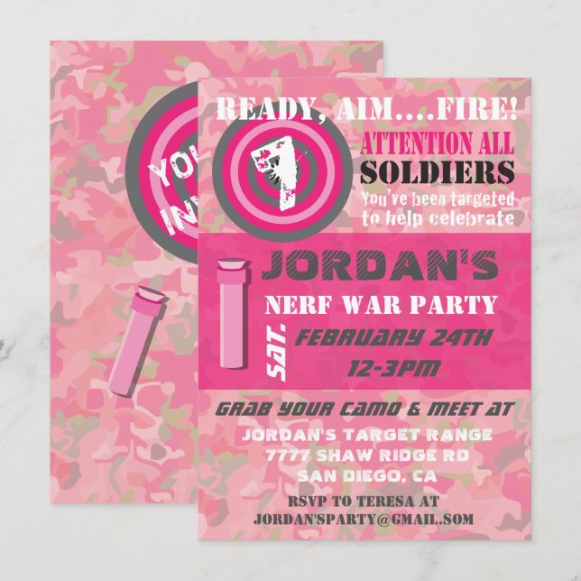 Girl Camo War Birthday Party Invitations (Front/Back)