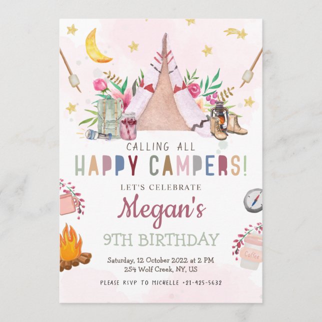 Girl Camp Party Invitation Camp Out Birthday (Front)