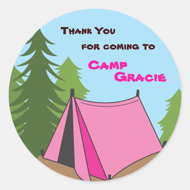 Girl Camping Birthday Party Favour Sticker (Front)