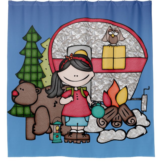Girl Camping in Woods Bear Campfire Shower Curtain (Front)