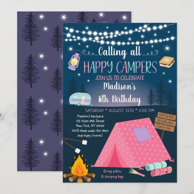 Girl Camping S'mores Sleepover Birthday Invitation (Front/Back)