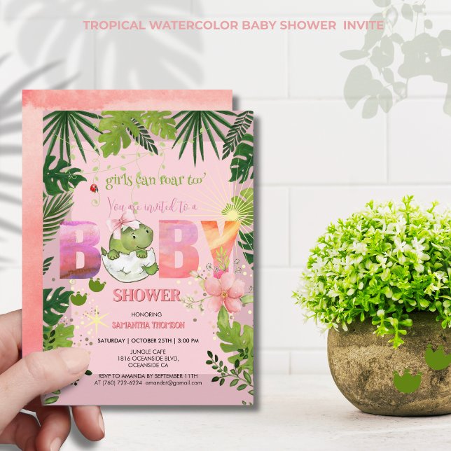Girl Can Roar Too! Watercolor Dinosaur Baby Shower Invitation (Girl Can Roar Too! Watercolor Dinosaur Baby Shower Invitation)