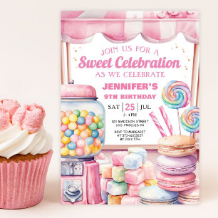 Girl Candy Land Retro Pink Sweets Birthday Party Invitation