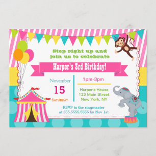 Girl Carnival Circus Birthday Party Invitations
