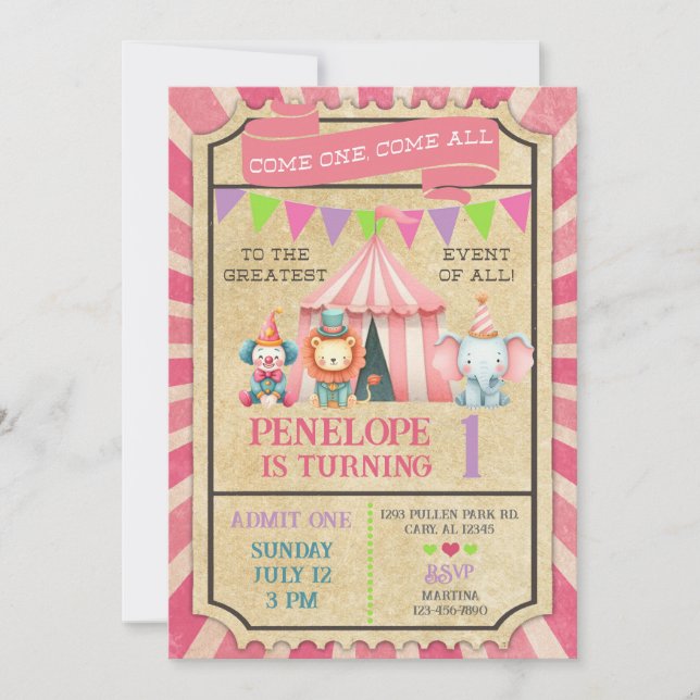 Girl carnival / circus ticket pink birthday invite (Front)