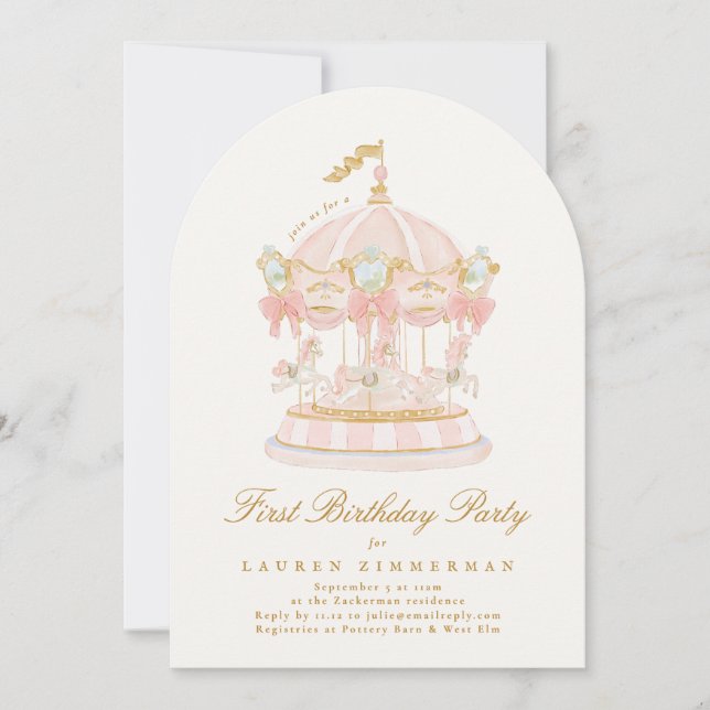 Girl Carousel Fairytale Cream Arch Birthday Party Invitation (Front)