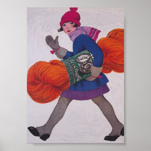 Girl Carrying Giant Skein of Yarn Vintage Poster (Front)