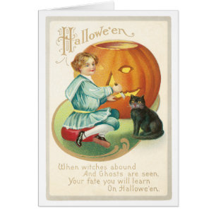 Girl Carving A Pumpkin Vintage Card