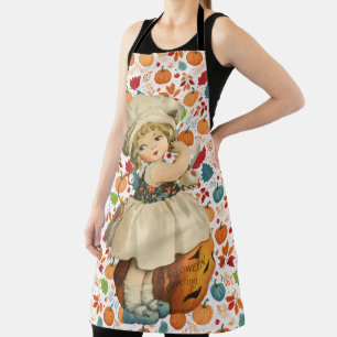 Girl Carving Apple and Colourful Pumpkins Hallowee Apron
