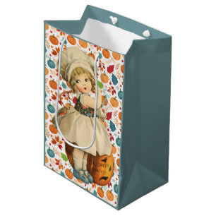 Girl Carving Apple and Colourful Pumpkins Hallowee Medium Gift Bag
