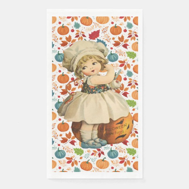 Girl Carving Apple and Colourful Pumpkins Hallowee Napkin (Front)