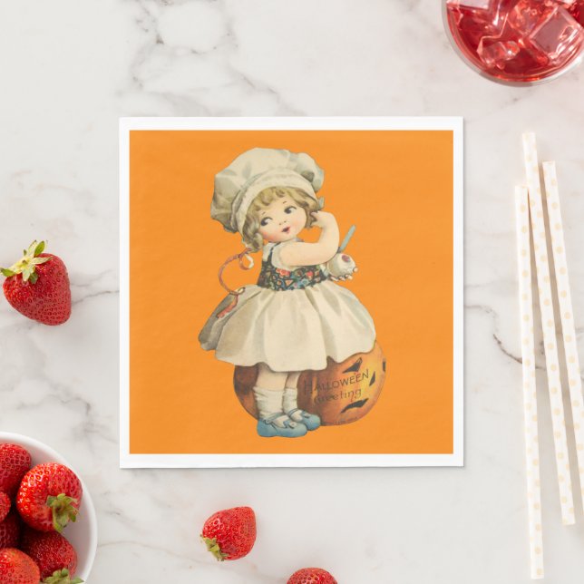 Girl Carving Apple Halloween Napkin (Insitu)