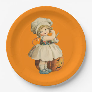 Girl Carving Apple Halloween Paper Plate