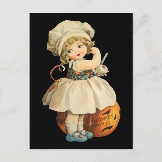 Girl Carving Apple Halloween Postcard (Front)