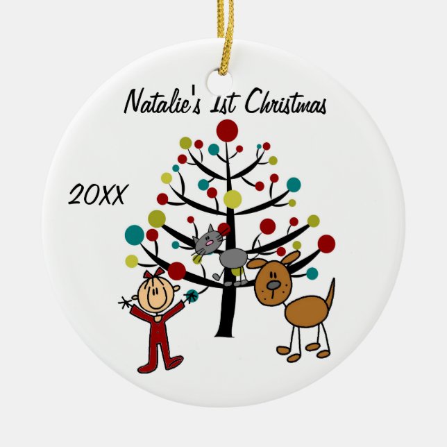Girl, Cat, Dog 1st Christmas Customised Ornament (Front)