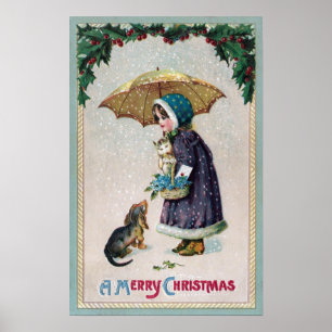 Girl, Cat & Dog Under Umbrella in Snow Vintage Poster