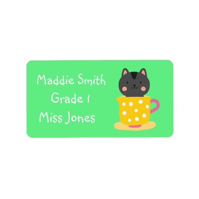 Girl cat in teacup cute name book labels (Front)
