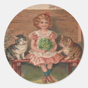 Girl Cat Kitten Flowers Birthday Classic Round Sticker
