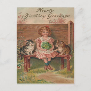 Girl Cat Kitten Flowers Birthday Postcard