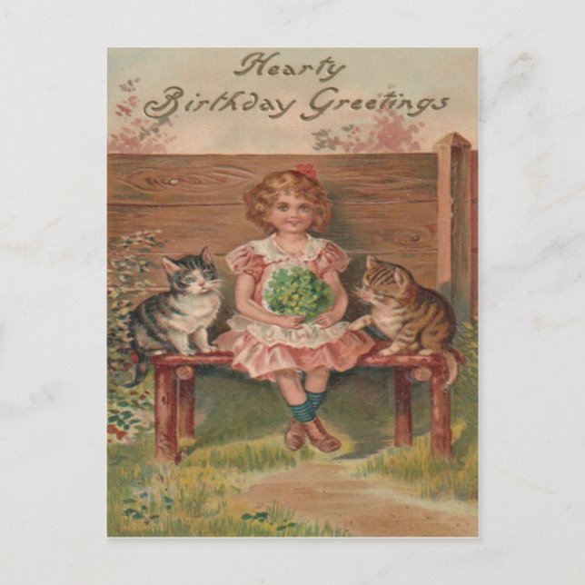 Girl Cat Kitten Flowers Birthday Postcard (Front)