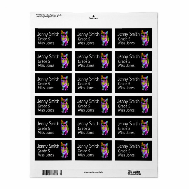 Girl cat name school book labels (Full Sheet)