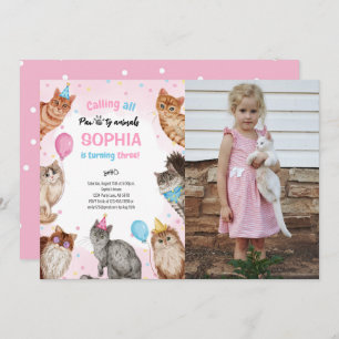 Girl Cat Pawty Animals Birthday Photo Invitation