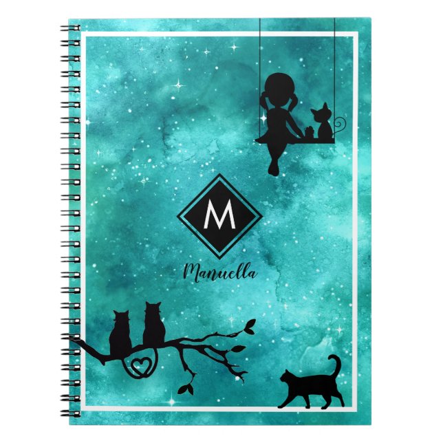 Girl Cats and Galaxy Monogram Notebook (Front)