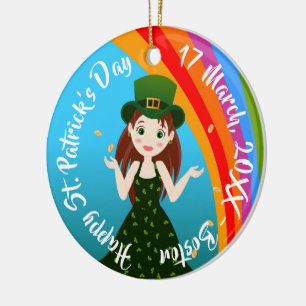 Girl celebrates Saint Patrick's Day in green dress Ceramic Tree Decoration