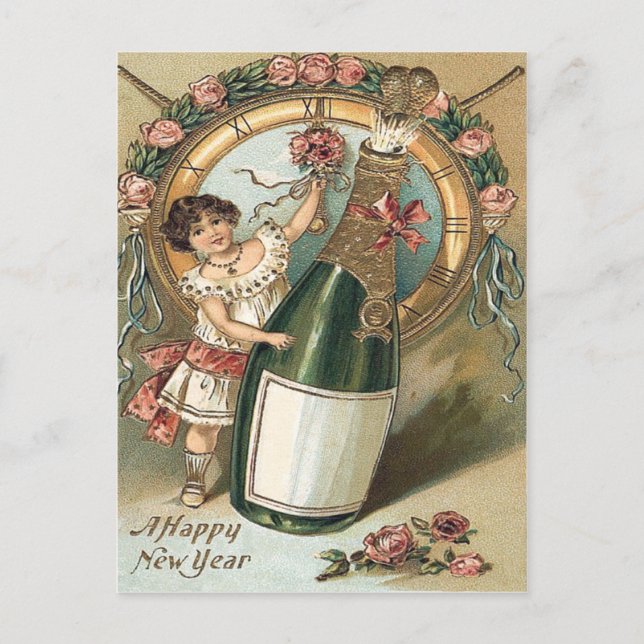 Girl Champagne Bottle Rose Clock Postcard (Front)