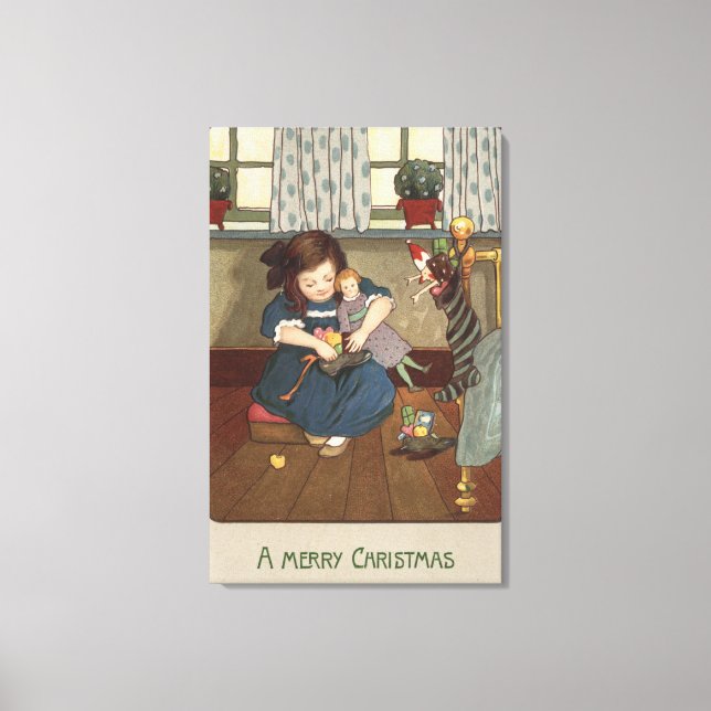 Girl Checking her Shoes Full of Goodies Canvas Print (Front)