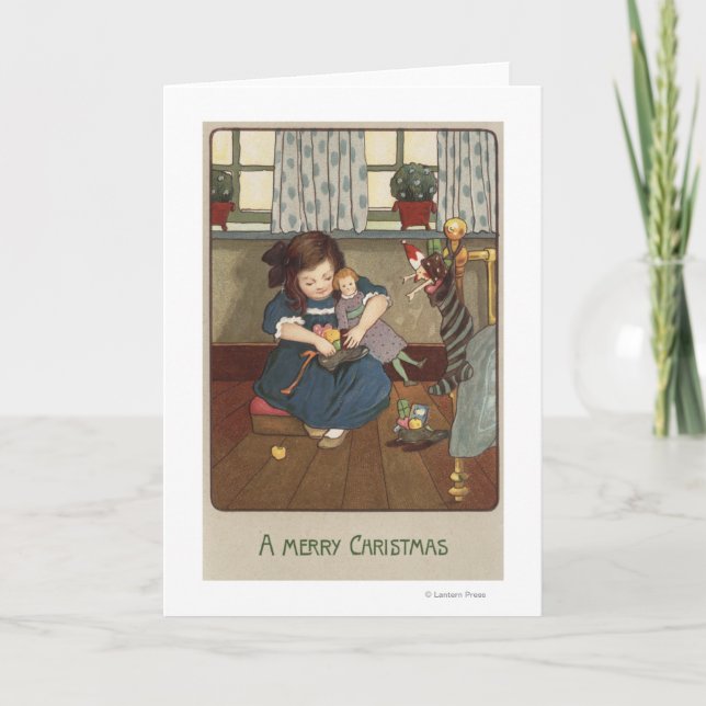 Girl Checking her Shoes Full of Goodies Holiday Card (Front)