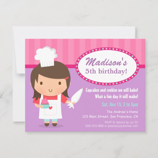 Girl Chef Cupcake Frosting Baking Birthday Party Invitation (Front)