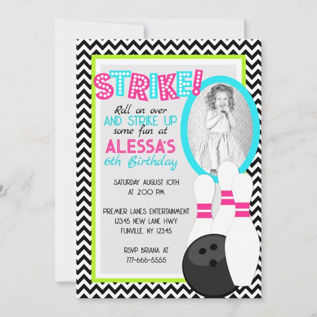 Girl Chevron Bowling Birthday Photo Invitations (Front)