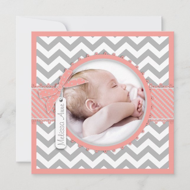 Girl Chevron Print Birth Announcement Photo Card (Front)
